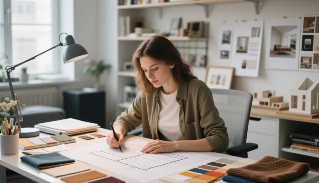 Um ambiente de escritório ou estúdio moderno, representando um curso técnico em design de interiores. Uma jovem ou jovem adulta trabalhando em uma mesa com plantas baixas, amostras de cores, tecidos e materiais de decoração espalhados de forma organizada. Ao fundo, prateleiras com livros de design, mood boards e modelos de interiores. Estilo realista, iluminação natural suave, foco nítido na pessoa e nos materiais, transmitindo criatividade, estudo e profissionalismo no design de interiores.