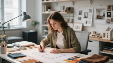 Um ambiente de escritório ou estúdio moderno, representando um curso técnico em design de interiores. Uma jovem ou jovem adulta trabalhando em uma mesa com plantas baixas, amostras de cores, tecidos e materiais de decoração espalhados de forma organizada. Ao fundo, prateleiras com livros de design, mood boards e modelos de interiores. Estilo realista, iluminação natural suave, foco nítido na pessoa e nos materiais, transmitindo criatividade, estudo e profissionalismo no design de interiores.