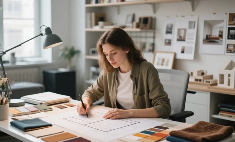 Um ambiente de escritório ou estúdio moderno, representando um curso técnico em design de interiores. Uma jovem ou jovem adulta trabalhando em uma mesa com plantas baixas, amostras de cores, tecidos e materiais de decoração espalhados de forma organizada. Ao fundo, prateleiras com livros de design, mood boards e modelos de interiores. Estilo realista, iluminação natural suave, foco nítido na pessoa e nos materiais, transmitindo criatividade, estudo e profissionalismo no design de interiores.