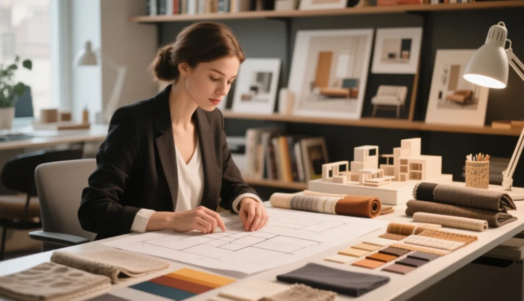 Um ambiente de escritório ou estúdio moderno, representando um curso técnico em design de interiores. Uma jovem ou jovem adulta trabalhando em uma mesa com plantas baixas, amostras de cores, tecidos e materiais de decoração espalhados de forma organizada. Ao fundo, prateleiras com livros de design, mood boards e modelos de interiores. Estilo realista, iluminação natural suave, foco nítido na pessoa e nos materiais, transmitindo criatividade, estudo e profissionalismo no design de interiores.